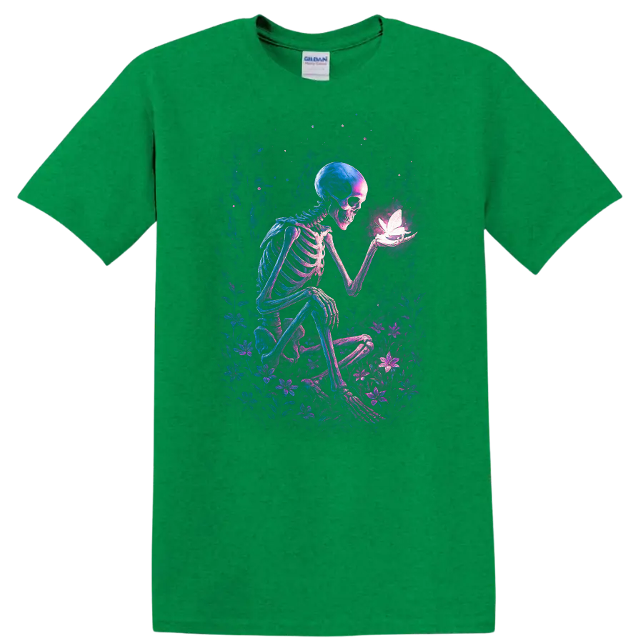 Gothic skeleton holding a glowing butterfly amid neon wildflowers on a Antic Irish Green T Shirt