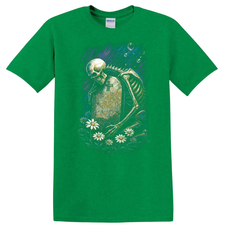 Skeleton mourning beside a cross tombstone and daisies in vintage gothic artwork on a Antic Irish Green T Shirt