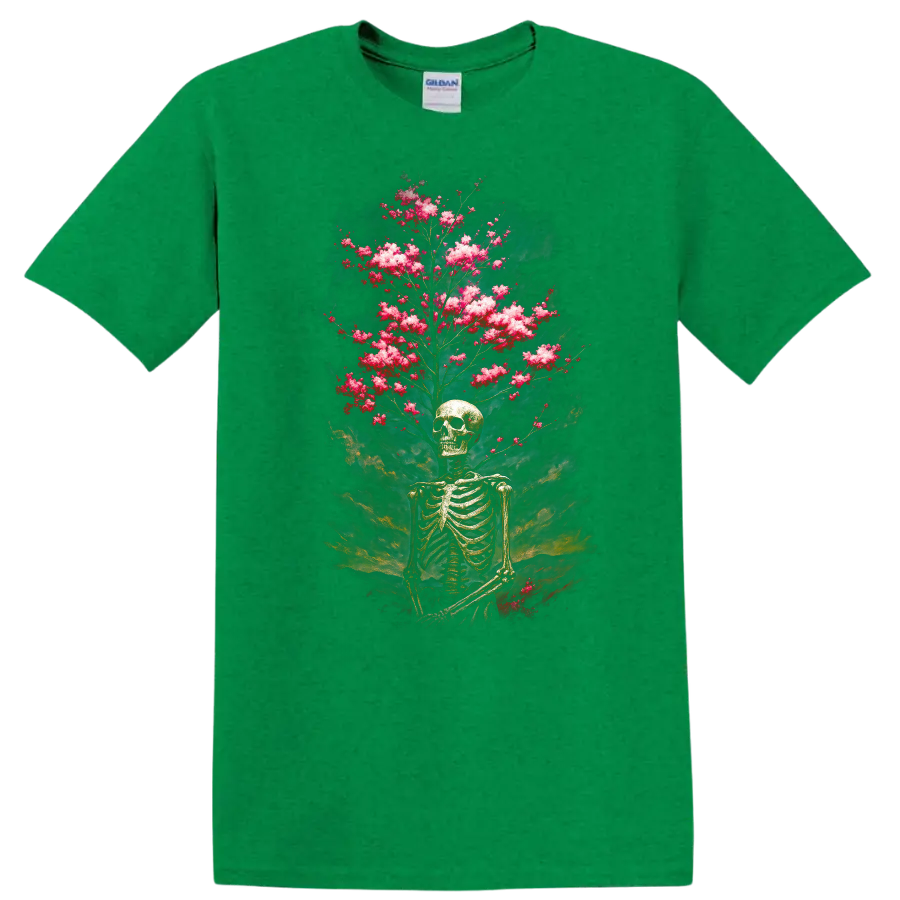 Vintage gothic skeleton skull with pink blooming branches and smoky teal backdrop on a Antic Irish Green T Shirt