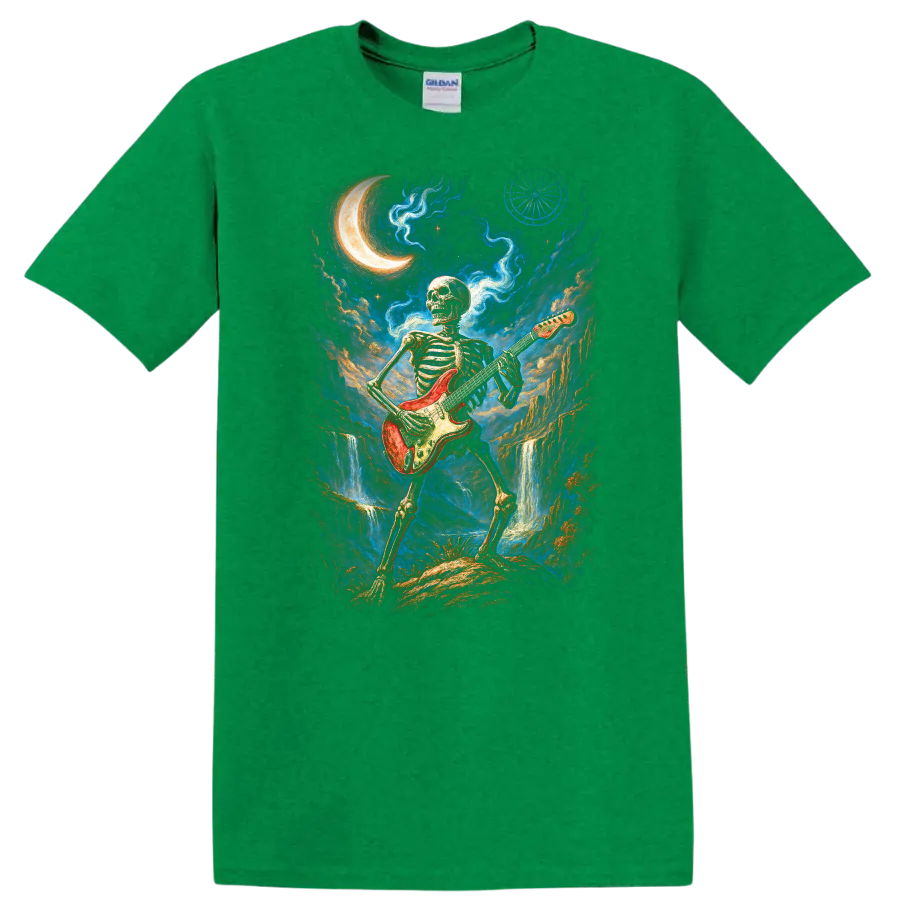 Skeleton guitarist with red electric guitar in moonlit gothic fantasy art on a Antic Irish Green T Shirt