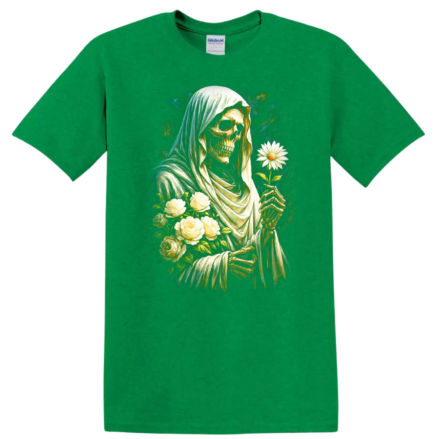 Vintage gothic hooded skeleton holding a white daisy with roses on a Antic Irish Green T Shirt