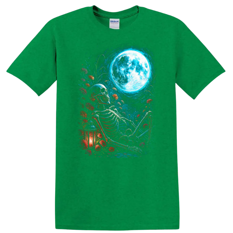 Vintage gothic skeleton resting among wildflowers beneath a full moon with lantern on a Antic Irish Green T Shirt