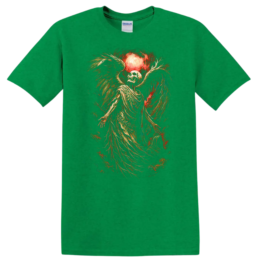 Vintage winged skeleton skull beneath a glowing moon in distressed gothic art on a Antic Irish Green T Shirt