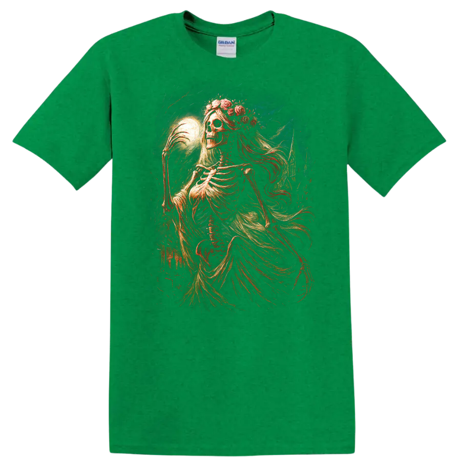 Moonlit floral skeleton in ornate vintage gothic art with flowing drapery on a Antic Irish Green T Shirt