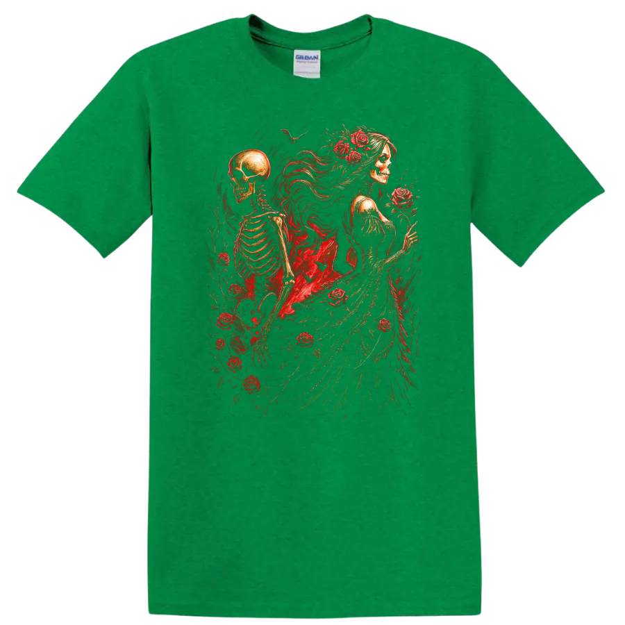 Vintage gothic skeletal woman and skeleton surrounded by red roses on a Antic Irish Green T Shirt