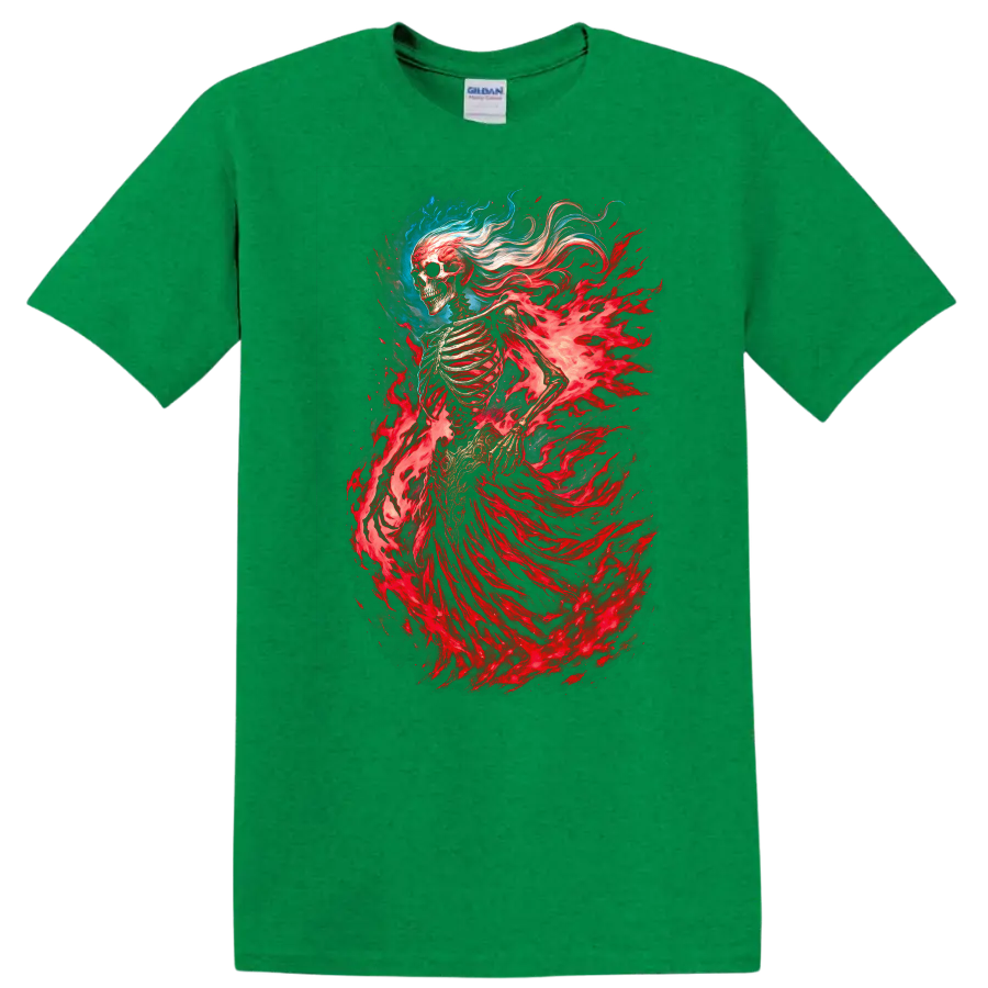 Flaming skeleton spirit with red spectral energy in detailed gothic fantasy art on a Antic Irish Green T Shirt