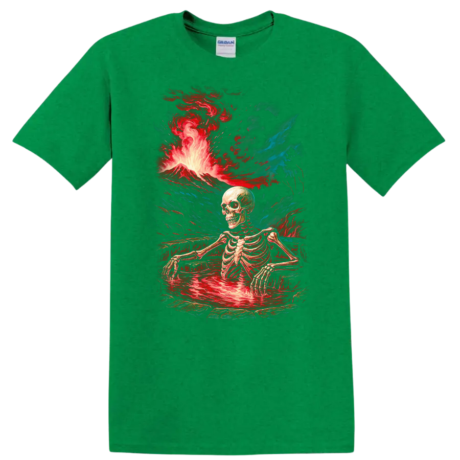 Vintage gothic skeleton standing in a lava pool beneath an erupting volcano on a Antic Irish Green T Shirt