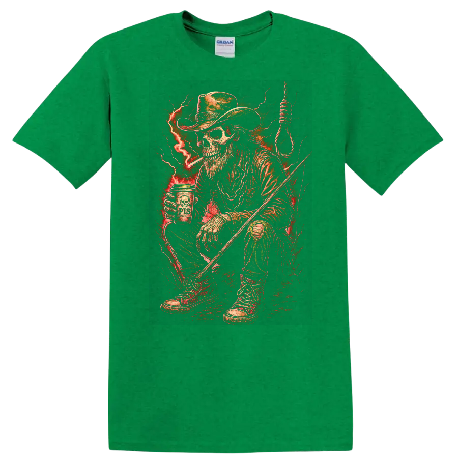 Vintage Gothic skeleton cowboy with red lightning, noose, boots, and rugged Western art on a Antic Irish Green T Shirt