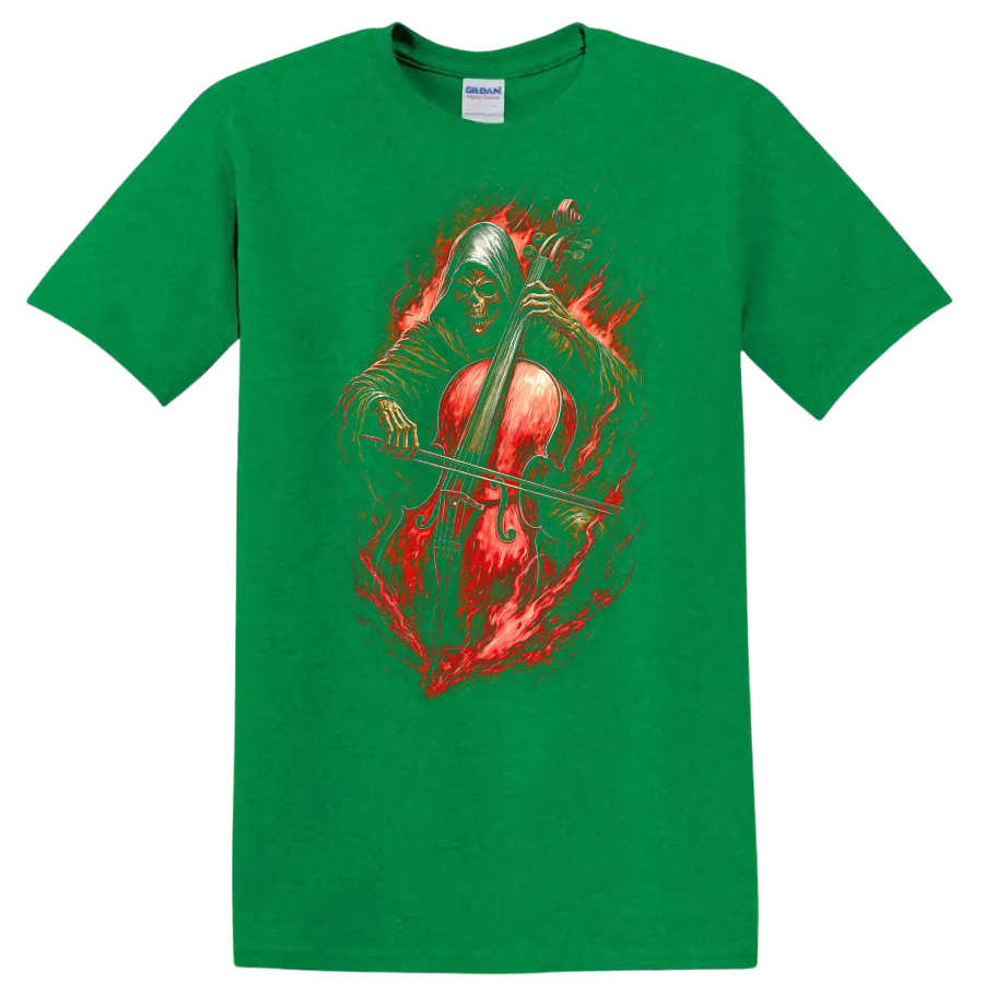 Hooded skeleton cellist with a red cello surrounded by fiery gothic artwork on a Antic Irish Green T Shirt