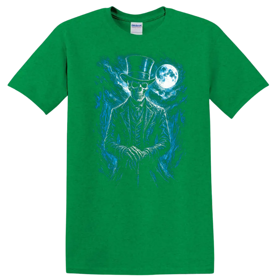 Moonlit gothic skeleton in top hat with blue spectral art and full moon on a Antic Irish Green T Shirt
