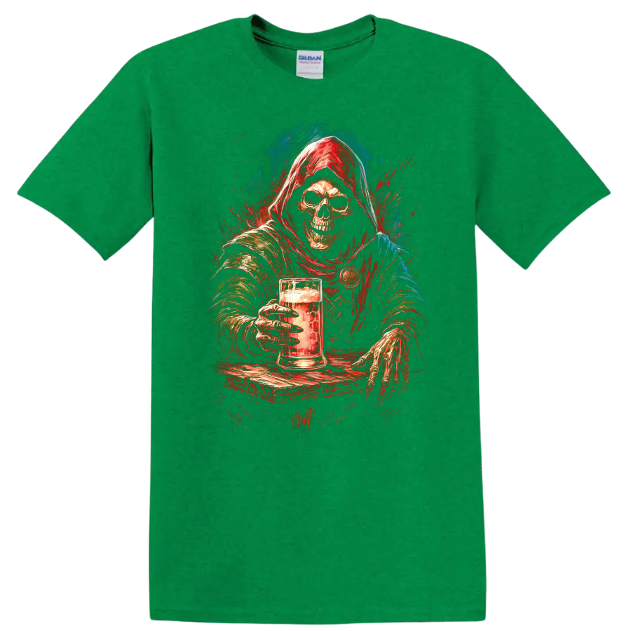 Hooded skeleton holding a beer mug in distressed red and blue gothic art on a Antic Irish Green T Shirt