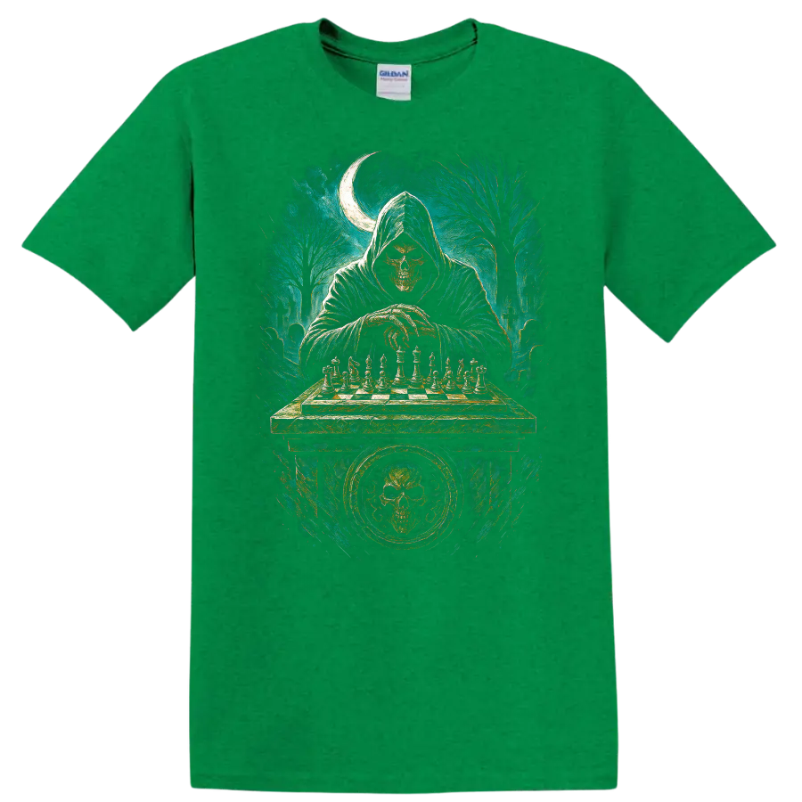 Hooded skull playing chess in a moonlit graveyard gothic illustration on a Antic Irish Green T Shirt