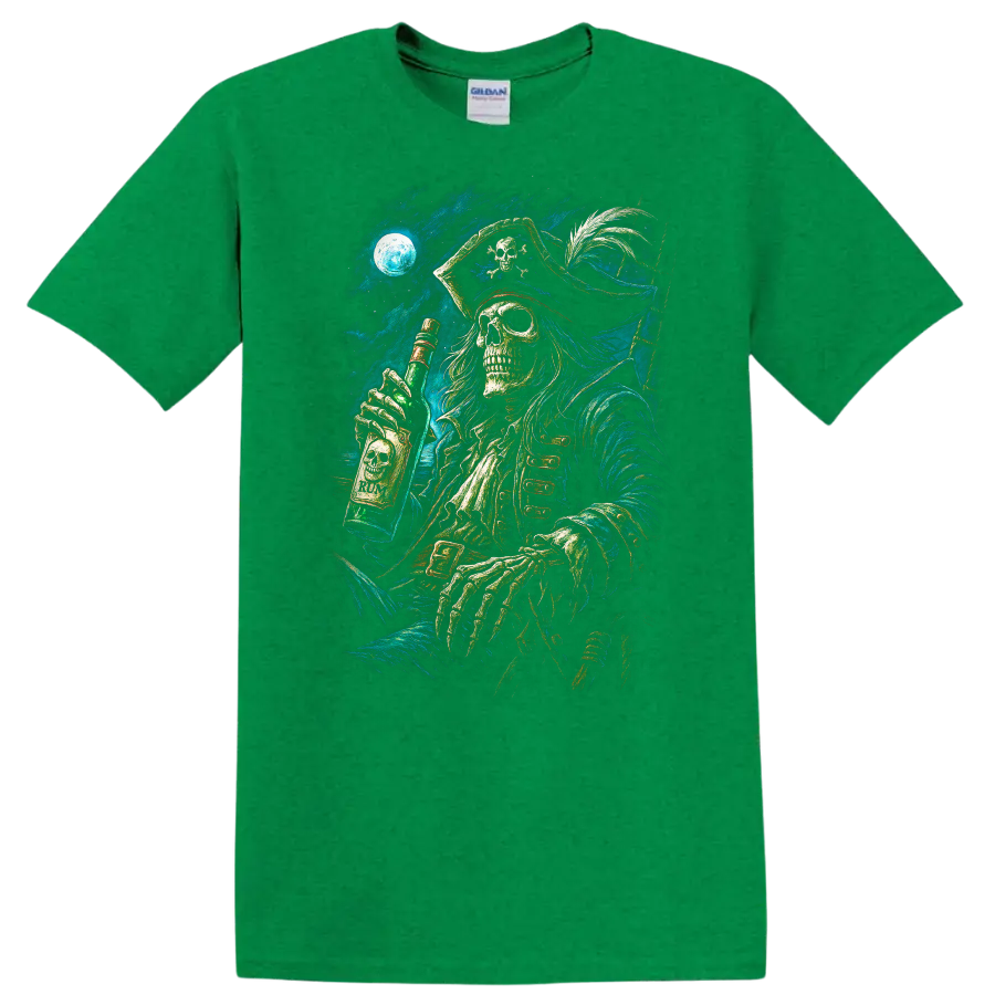 Moonlit skeletal pirate holding a rum bottle in detailed vintage gothic sea art on a Antic Irish Green T Shirt