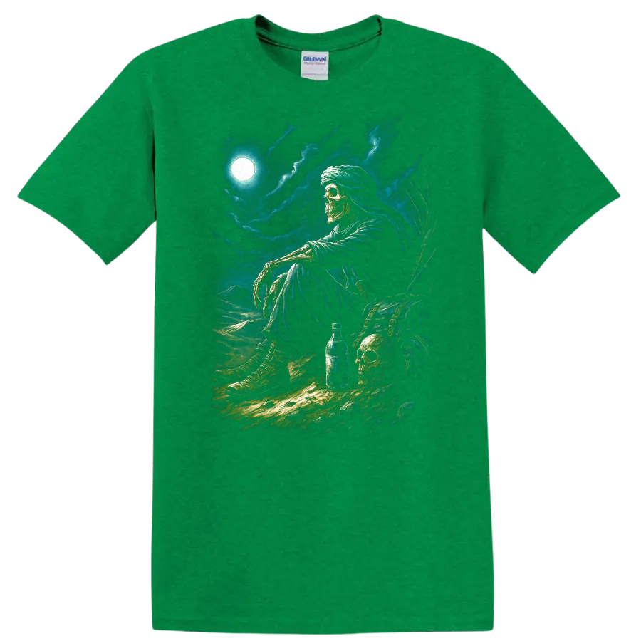 Moonlit skeleton wanderer with skulls, chest, and stormy gothic nightscape on a Antic Irish Green T Shirt