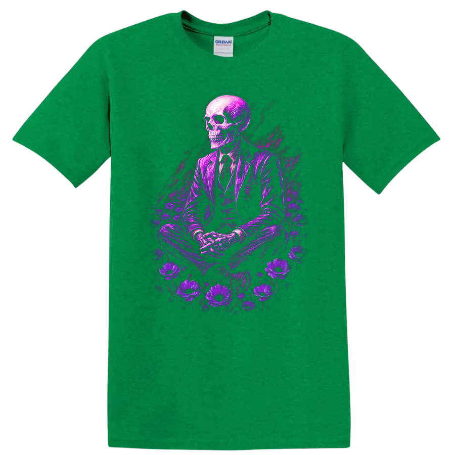 Purple skeleton in suit surrounded by flowers in vintage gothic illustration on a Antic Irish Green T Shirt