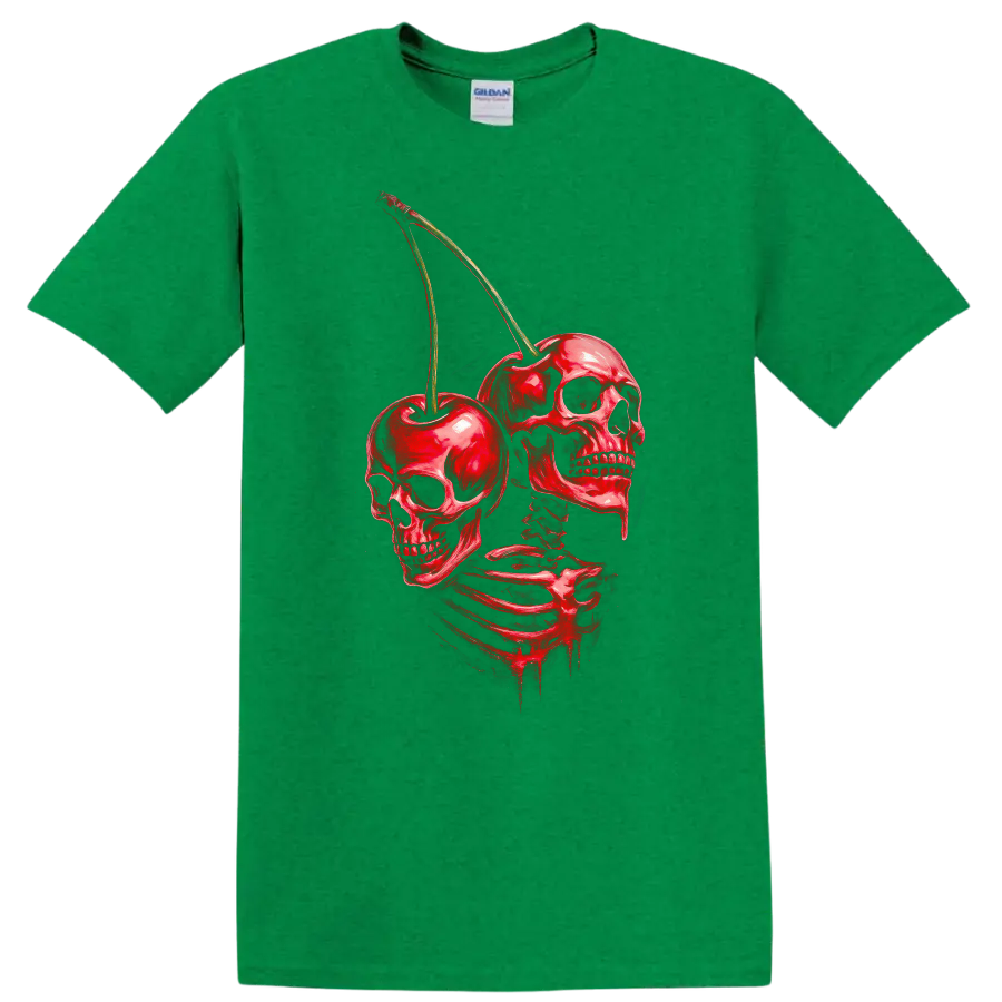 Red skeleton with skulls and cherries in a distressed vintage gothic illustration on a Antic Irish Green T Shirt
