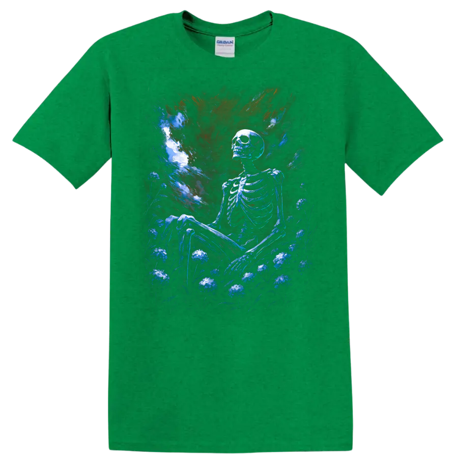Blue skeleton seated in a dark floral garden beneath a dramatic gothic painted sky on a Antic Irish Green T Shirt