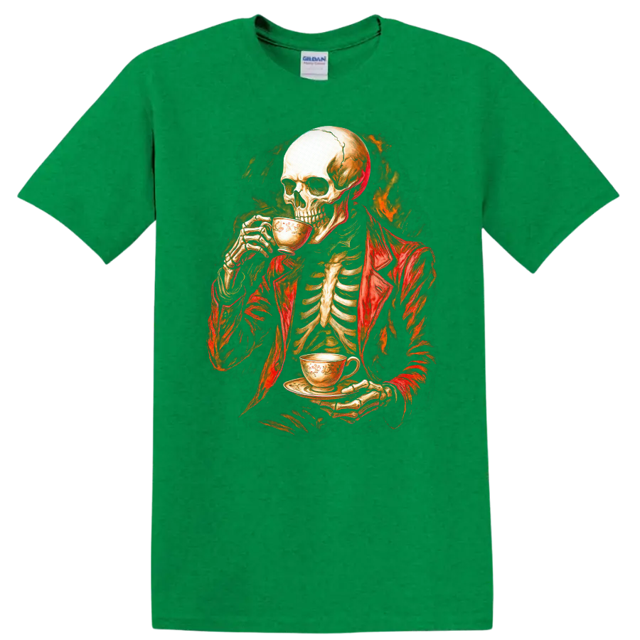 Vintage gothic skeleton in a red jacket drinking tea with a fiery dark backdrop on a Antic Irish Green T Shirt