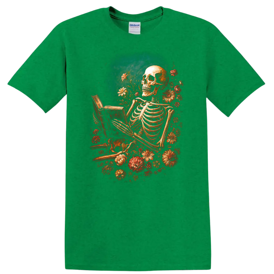 Vintage gothic skeleton reading a book surrounded by red flowers on a Antic Irish Green T Shirt