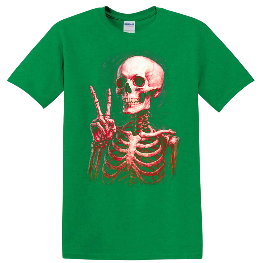 Vintage red skeleton skull making a peace sign in smoky gothic illustration style on a Antic Irish Green T Shirt