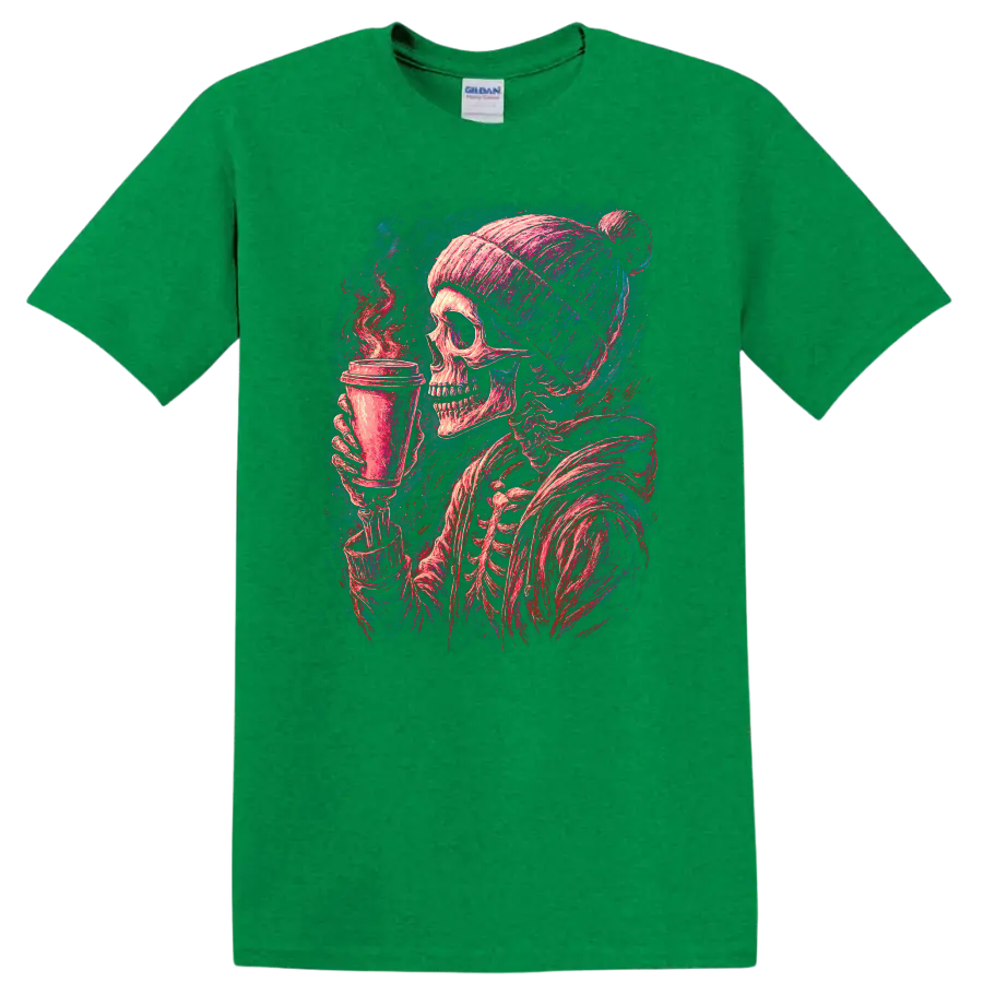 Vintage gothic skeleton in a beanie holding a steaming coffee cup on a Antic Irish Green T Shirt