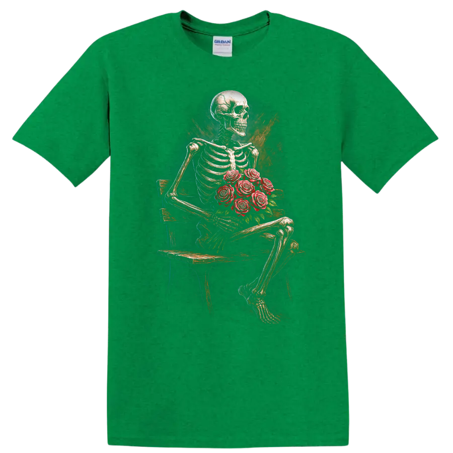 Vintage gothic skeleton holding red roses on a bench in distressed floral art on a Antic Irish Green T Shirt