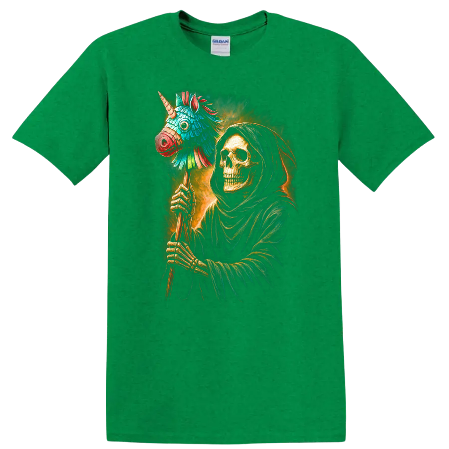 Hooded skeleton holding a colorful unicorn piñata in a vivid gothic illustration on a Antic Irish Green T Shirt