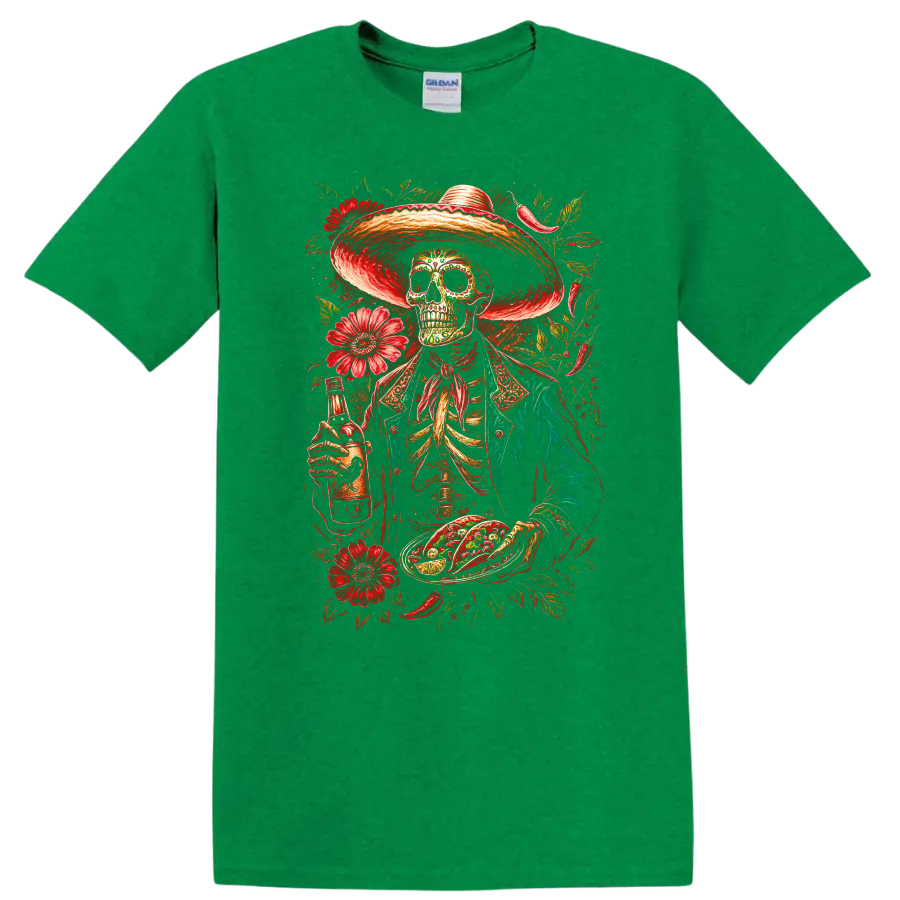 Vintage gothic skeleton in sombrero with tacos, bottle, and red flowers on a Antic Irish Green T Shirt