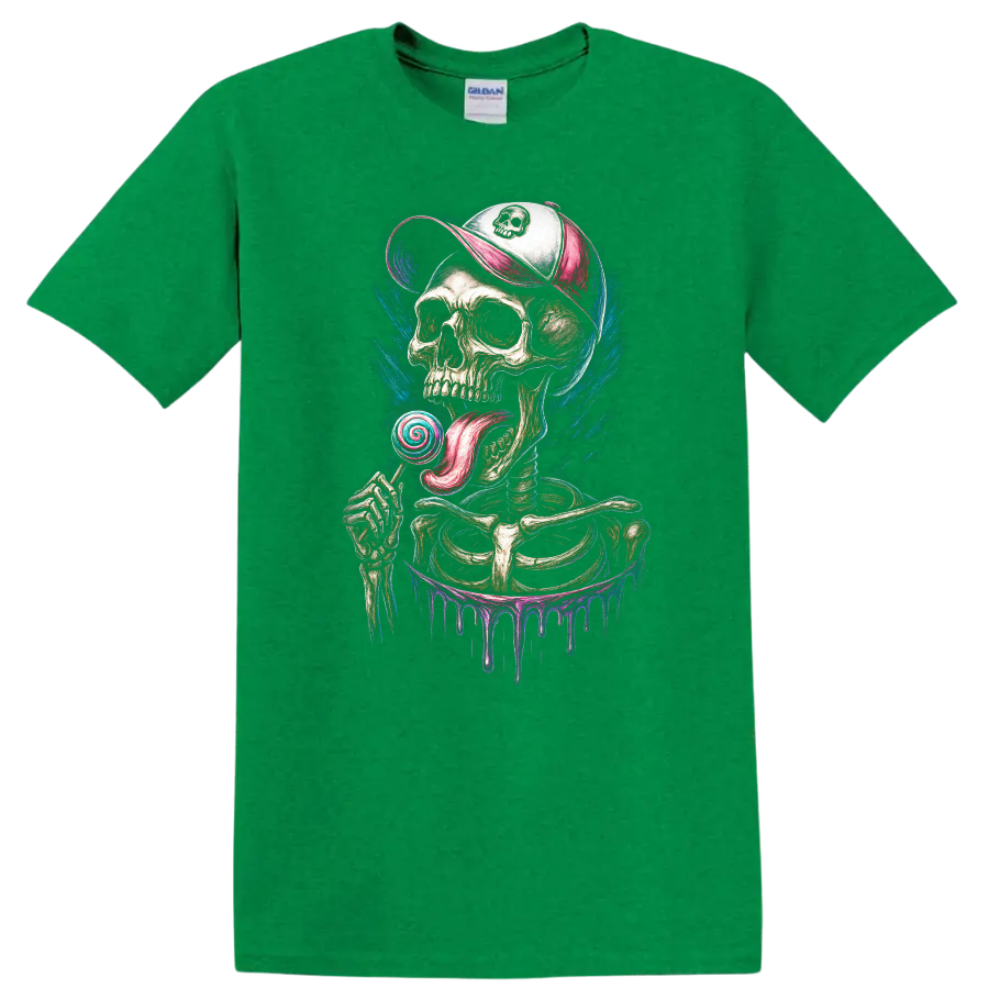 Gothic skeleton skull in cap licking a spiral lollipop with colorful paint drips on a Antic Irish Green T Shirt