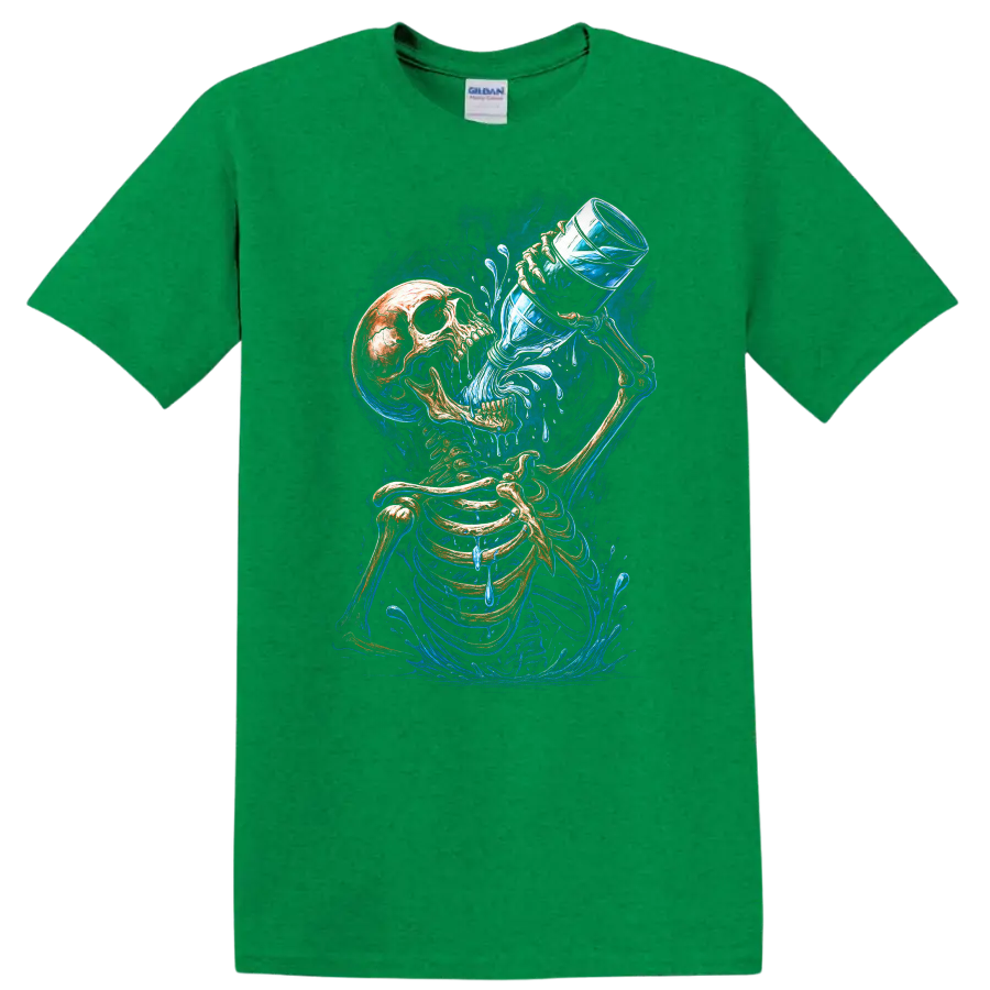 Vintage gothic skeleton drinking water with vivid blue splashes and skull art on a Antic Irish Green T Shirt