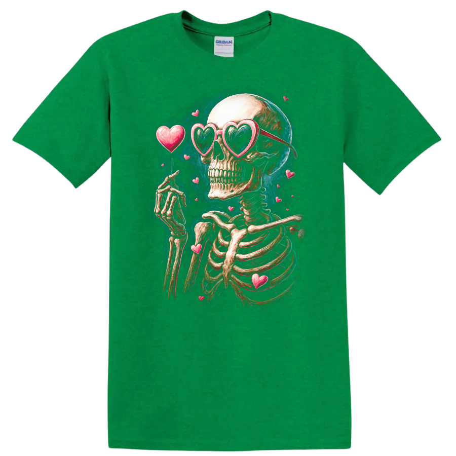 Vintage gothic skeleton in heart sunglasses surrounded by floating hearts on a Antic Irish Green T Shirt