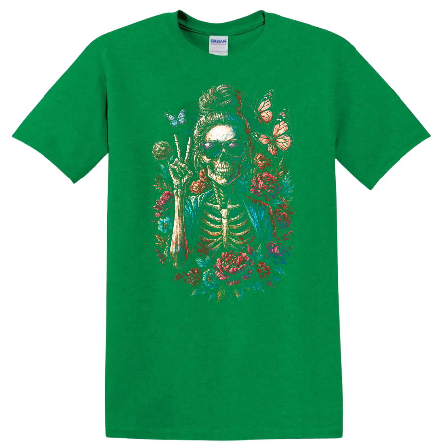 Vintage skeleton in sunglasses making a peace sign with flowers and butterflies on a Antic Irish Green T Shirt