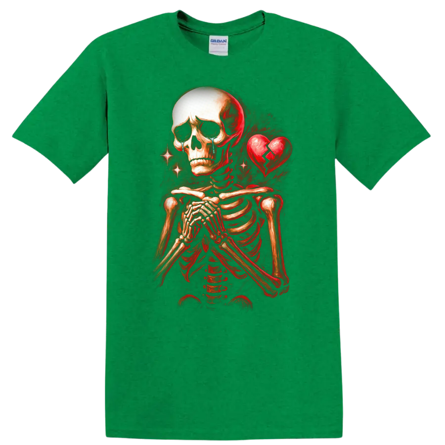Crying skeleton with clasped hands and cracked heart in vintage gothic art on a Antic Irish Green T Shirt