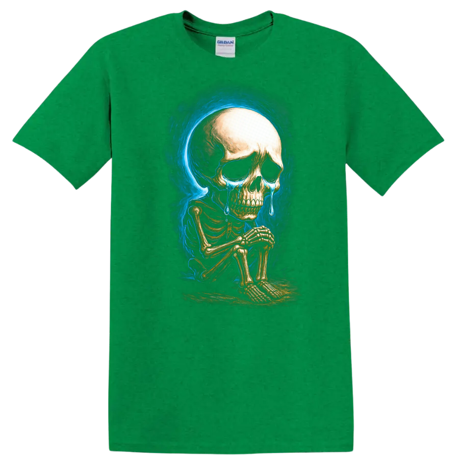 Crying seated skeleton with blue tears and smoky gothic skull artwork on a Antic Irish Green T Shirt