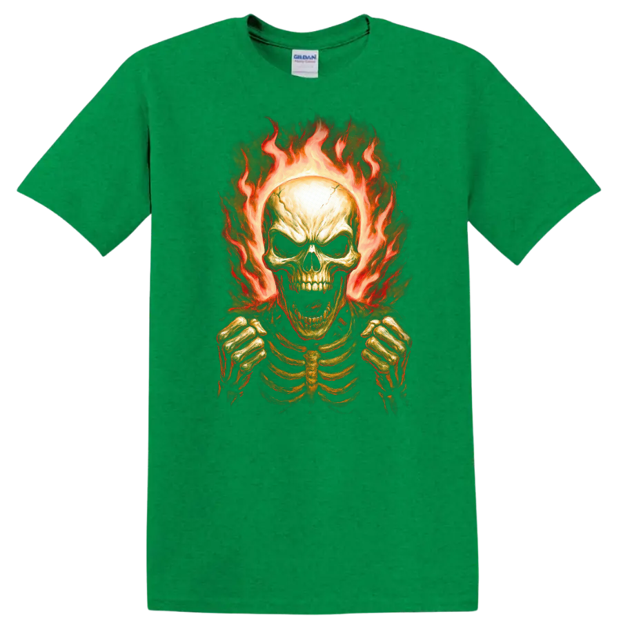 Vintage gothic flaming skeleton skull with rib cage and clenched hands on a Antic Irish Green T Shirt