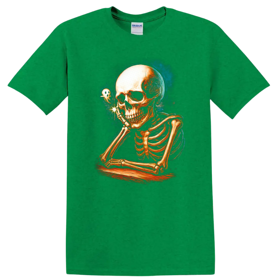 Contemplative skeleton with a tiny ghost in vintage Gothic illustration on a Antic Irish Green T Shirt