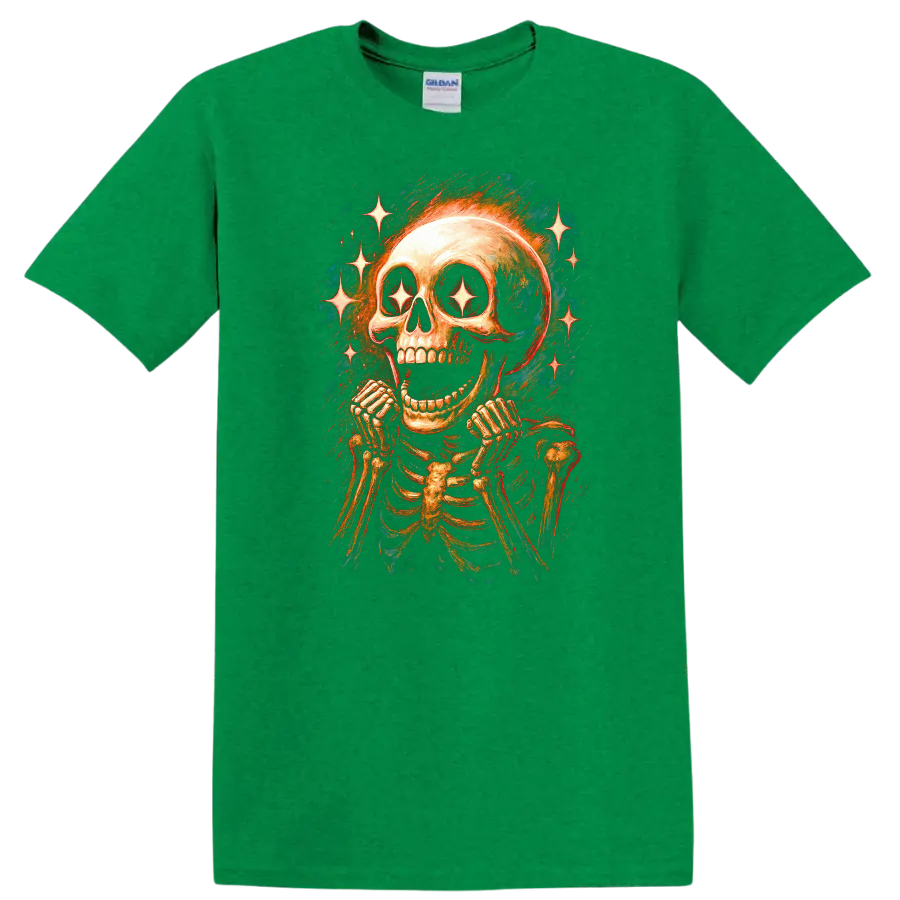 Vintage gothic grinning skeleton skull with sparkling star eyes and radiant stars on a Antic Irish Green T Shirt