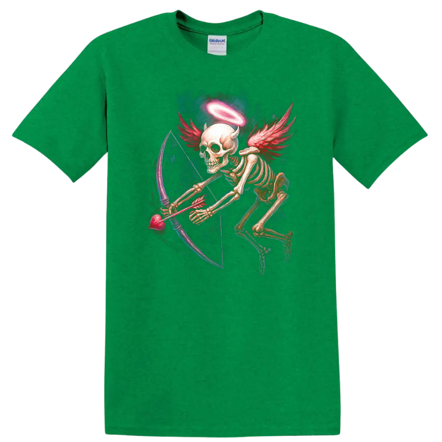 Winged skeleton archer with halo, red wings, and heart-shaped bow in gothic art on a Antic Irish Green T Shirt