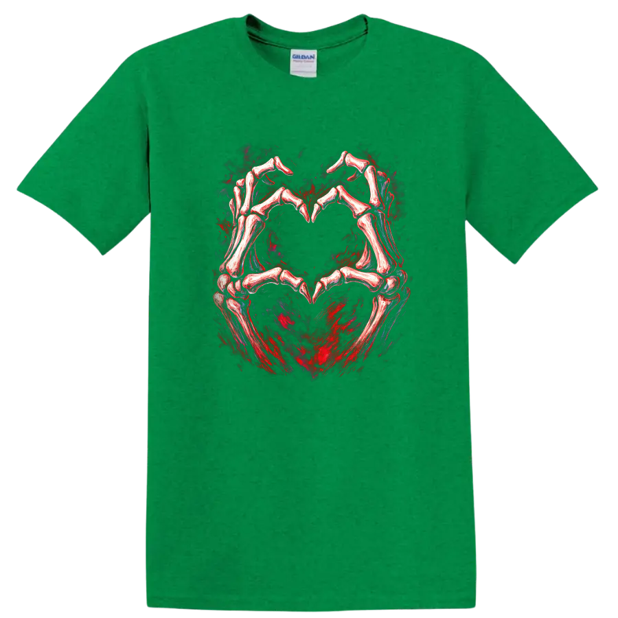 Skeletal hands forming a heart in distressed red and black gothic art on a Antic Irish Green T Shirt