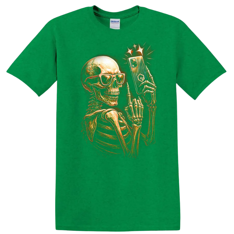 Vintage skeleton in sunglasses holding a smartphone gothic graphic print on a Antic Irish Green T Shirt