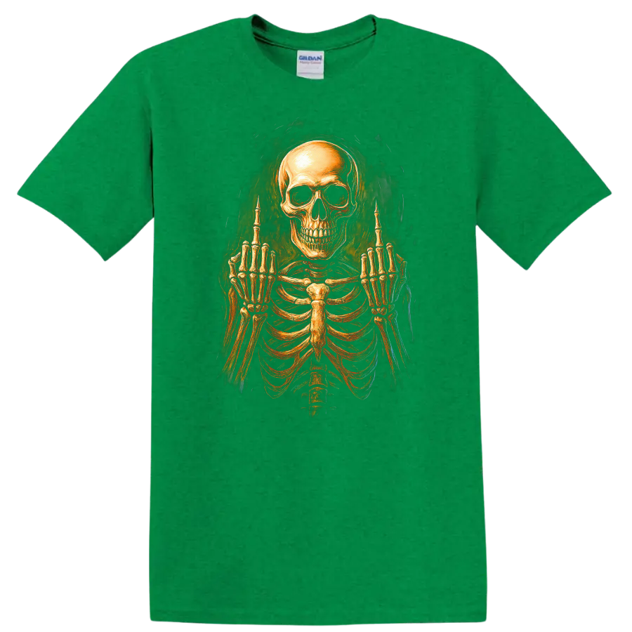 Vintage gothic skeleton skull and rib cage graphic with raised middle-finger hands on a Antic Irish Green T Shirt