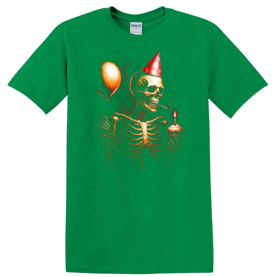 Vintage gothic skeleton in party hat holding a cupcake candle and balloon on a Antic Irish Green T Shirt