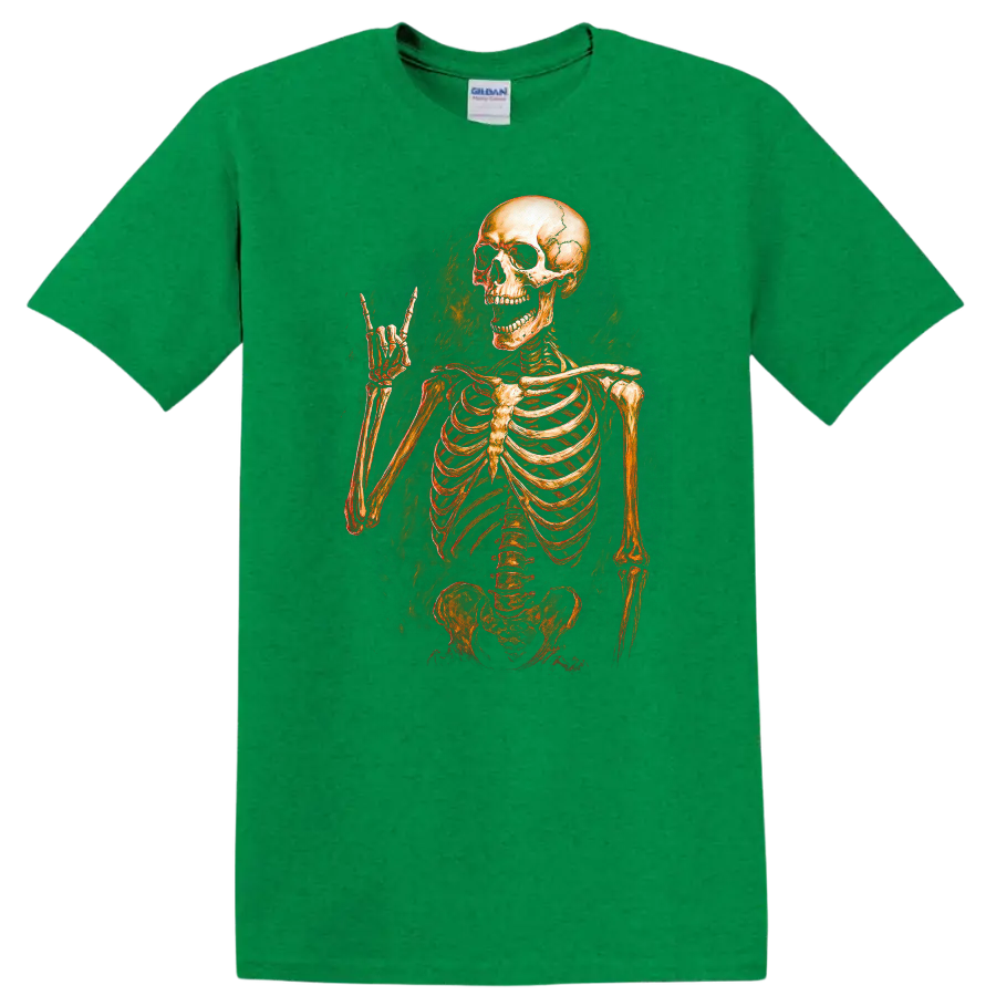 Vintage grinning skeleton raising a horn hand in distressed gothic illustration on a Antic Irish Green T Shirt
