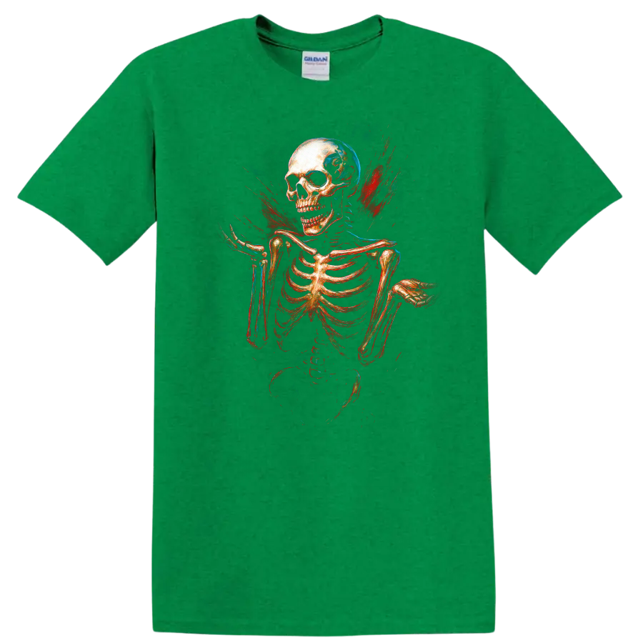 Vintage skull and skeleton graphic with red and blue gothic splatter on a Antic Irish Green T Shirt