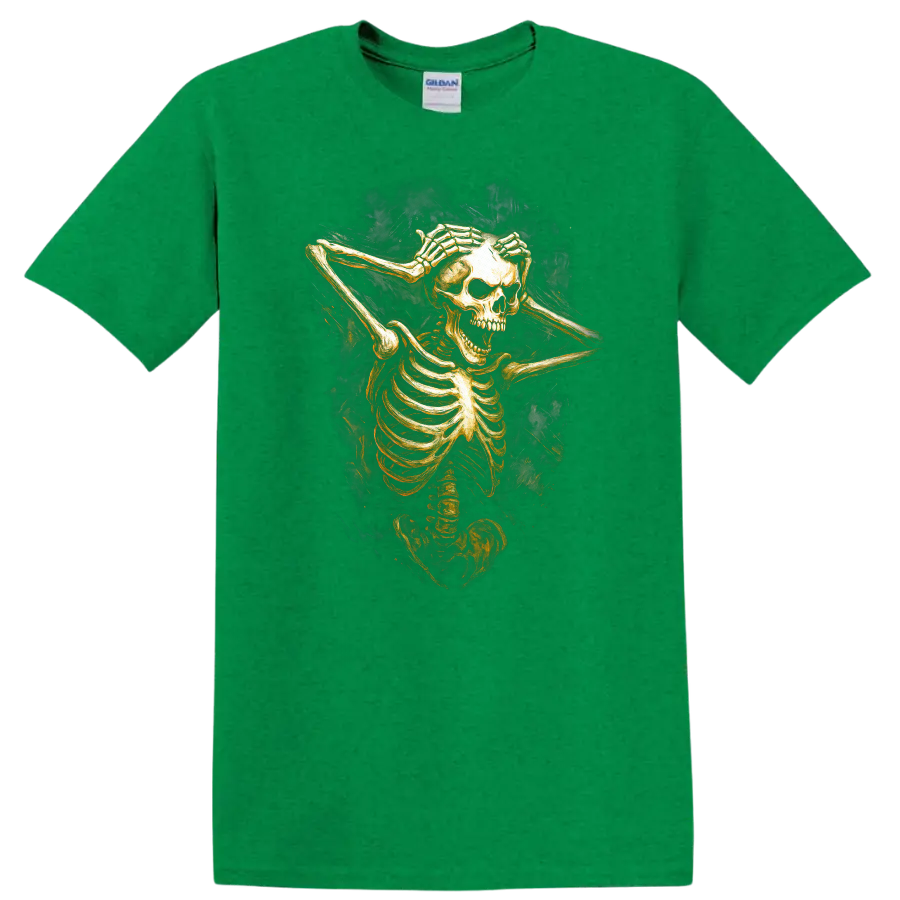 Vintage gothic skeleton skull illustration with hands framing its face on a Antic Irish Green T Shirt