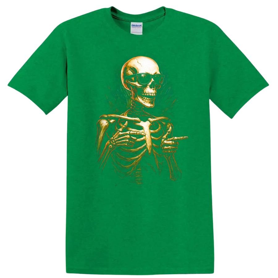 Vintage gothic skeleton in sunglasses pointing, with smoky teal flame-like artwork on a Antic Irish Green T Shirt