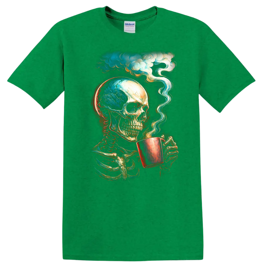 Vintage gothic skeleton skull holding a steaming cup beneath swirling clouds on a Antic Irish Green T Shirt