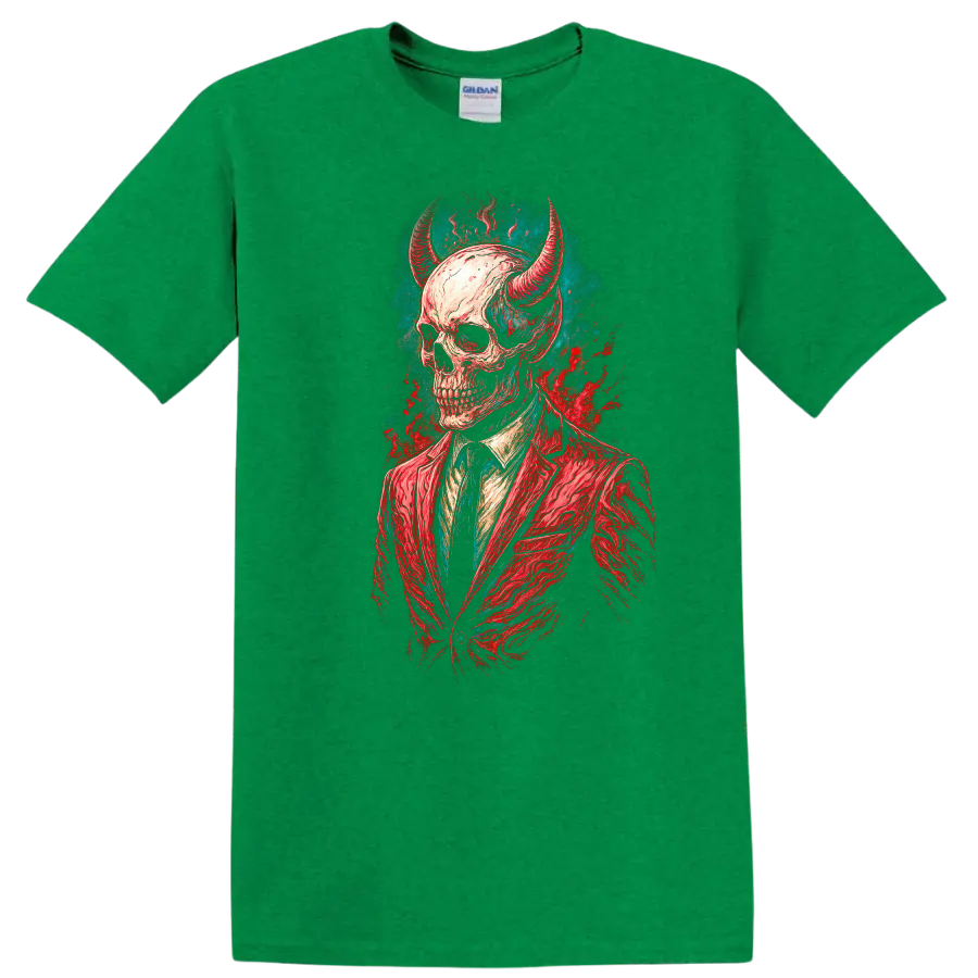 Horned skull in red suit, vintage gothic illustration with teal and red splashes on a Antic Irish Green T Shirt