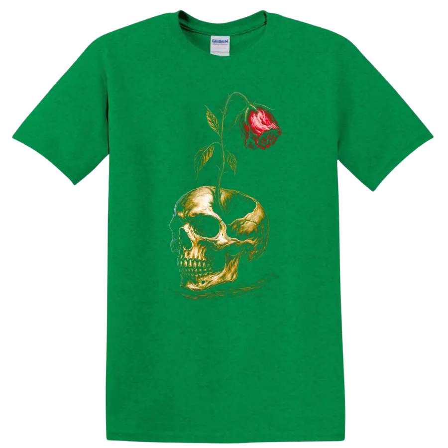 Vintage gothic skull graphic with a red rose growing through the top on a Antic Irish Green T Shirt