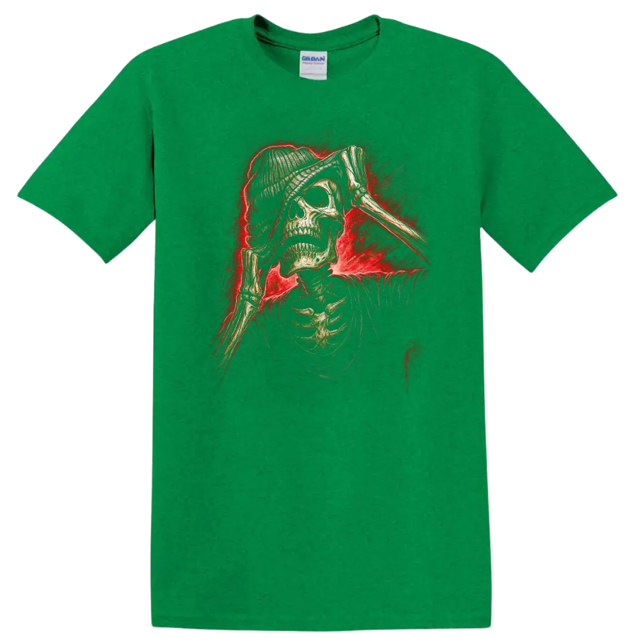 Vintage gothic skeleton skull in beanie with bony hands and red smoky glow on a Antic Irish Green T Shirt